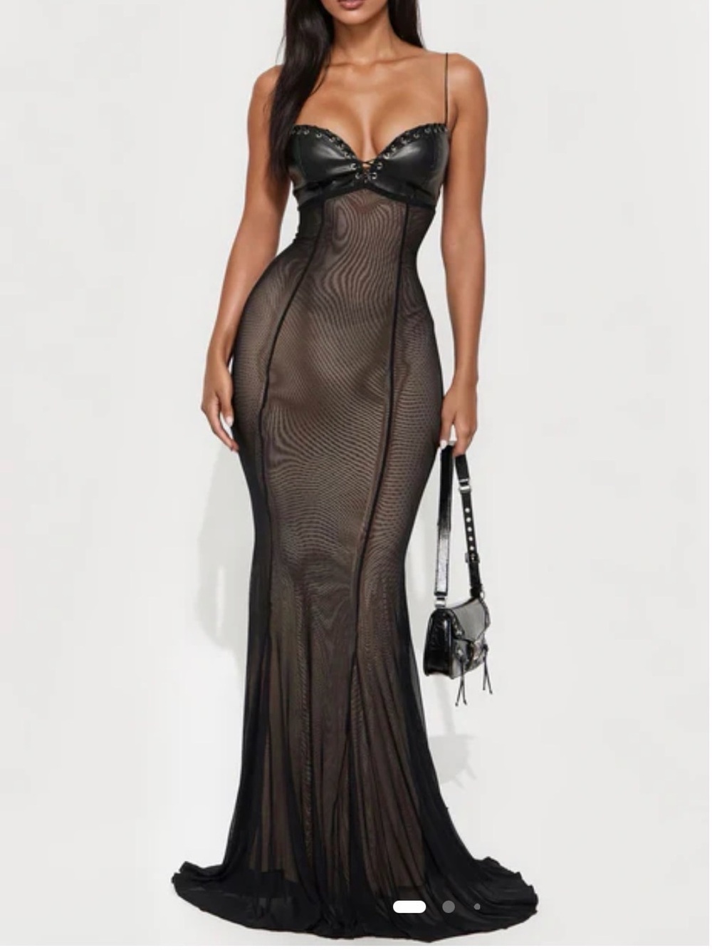 Black Sheer Mesh Maxi Dress with Faux Leather Bodice